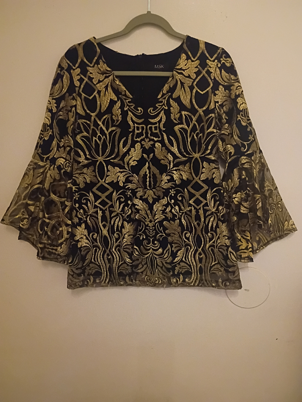 MSK Women's Black & Gold Metallic Embroidered V-Neck Bell Sleeve Blouse Sz S